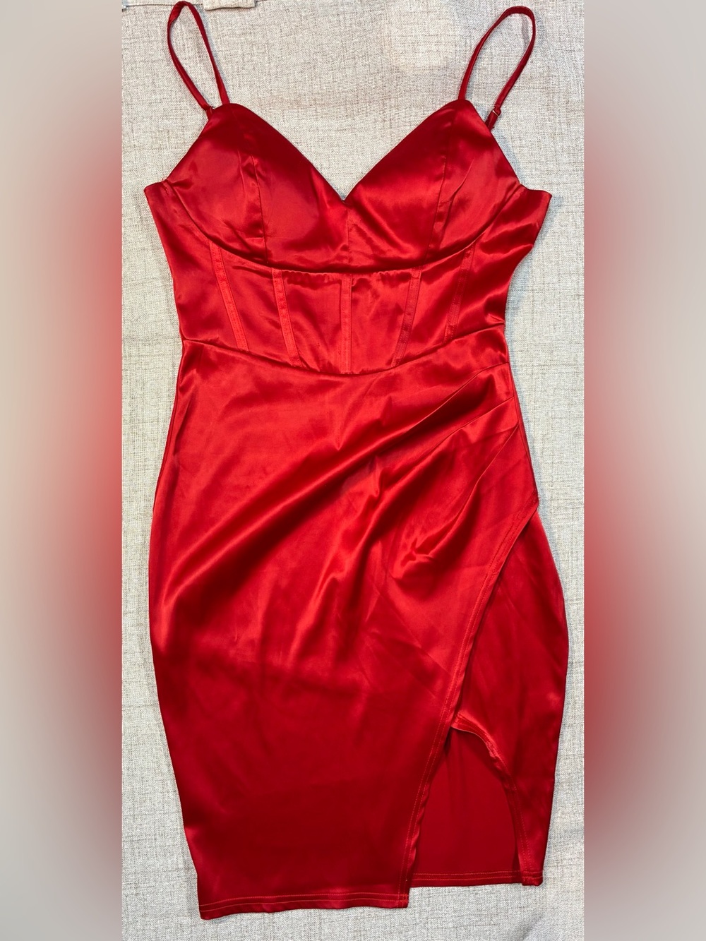 privy Red Satin Midi Bodycon Dress with Corset Detailing